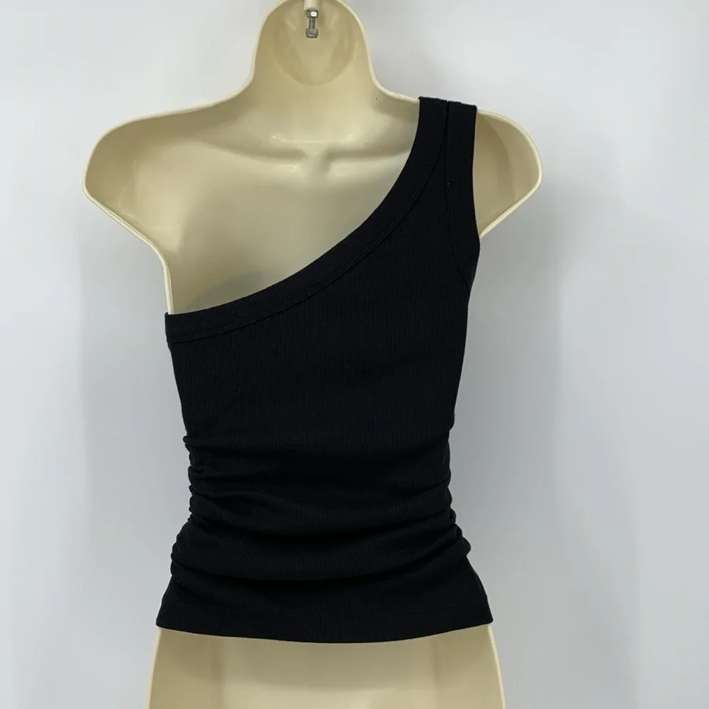 Michael Stars ribbed one shoulder black top shirt blouse knit ruched stretch XS